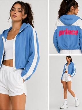 Prince Pickleball Blue White Hooded Windbreaker Jacket XXL Sporty Retro